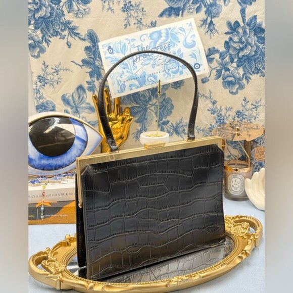 🆕 OROTON 🧿 NWOT Black Icon Frame Croco Clutch - Picture 16 of 16